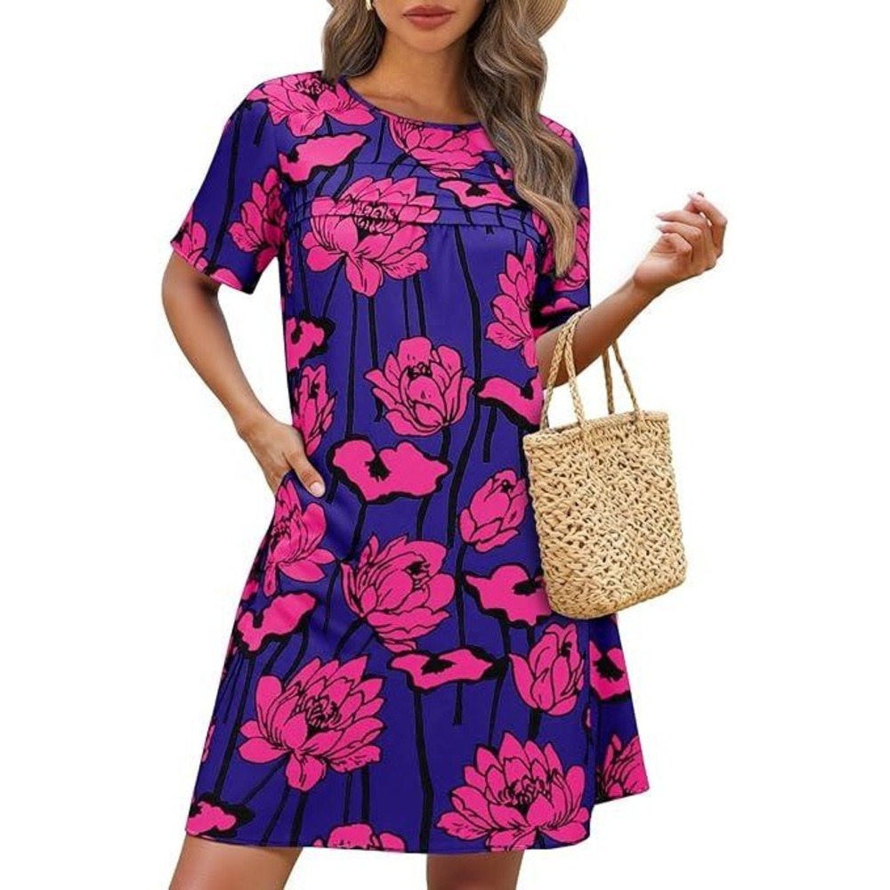 Wenrine Womens Pink Blue Floral Lotus Pleated Mini Dress ShortSleeve withpockets